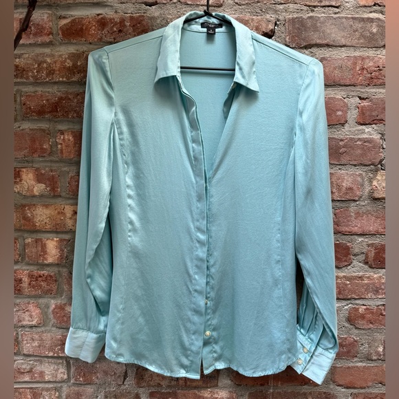 Light teal turquoise silk button up down long sleeve shirt blouse business - Picture 1 of 6